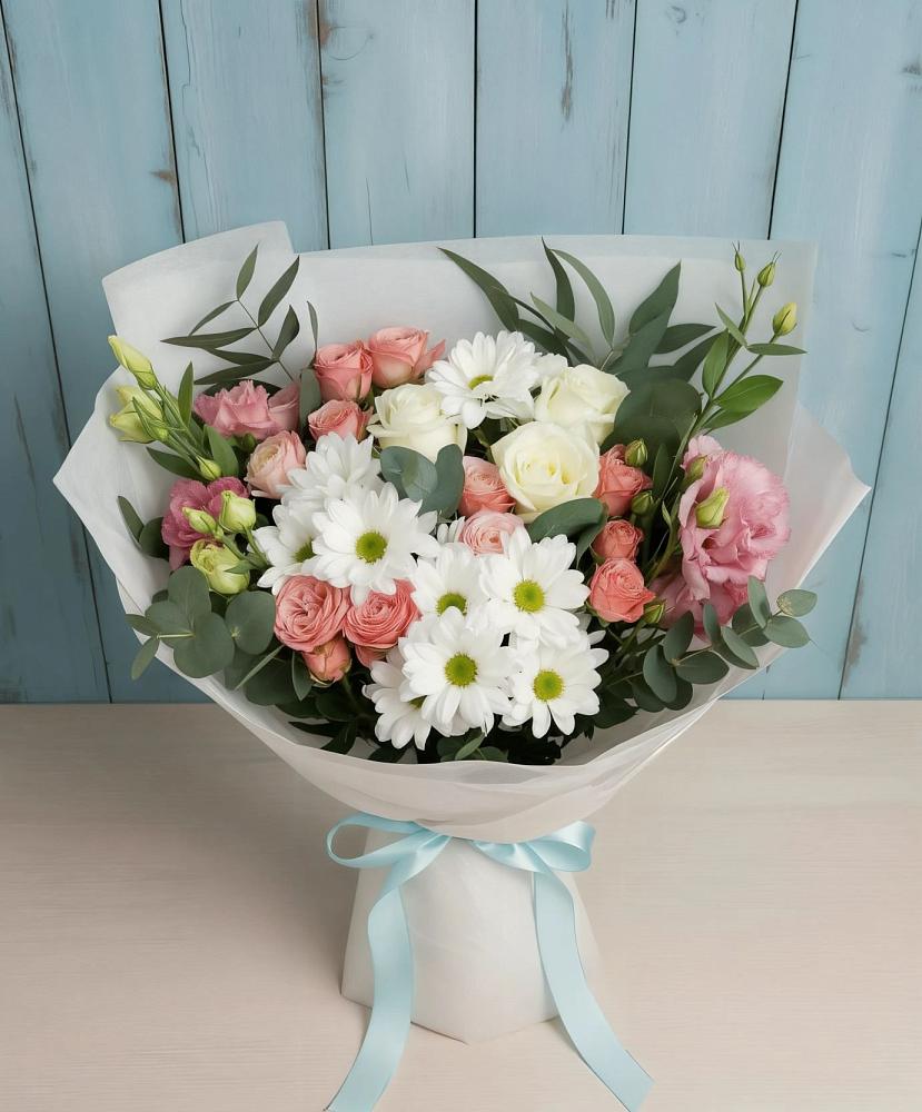 Букет цветов из: Розы, Лизиантусы и Хризантемы в Балково