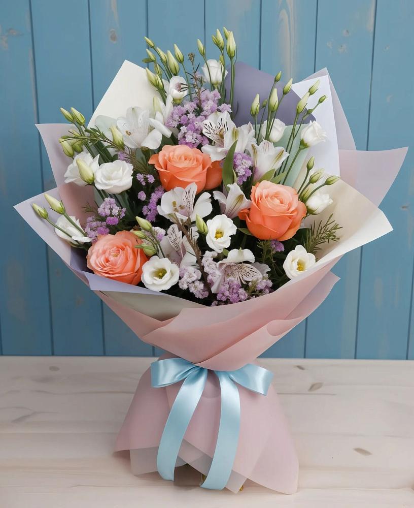 Букет цветов из: Лизиантусы, Розы, Альстромерии и Гипсофила в Балково