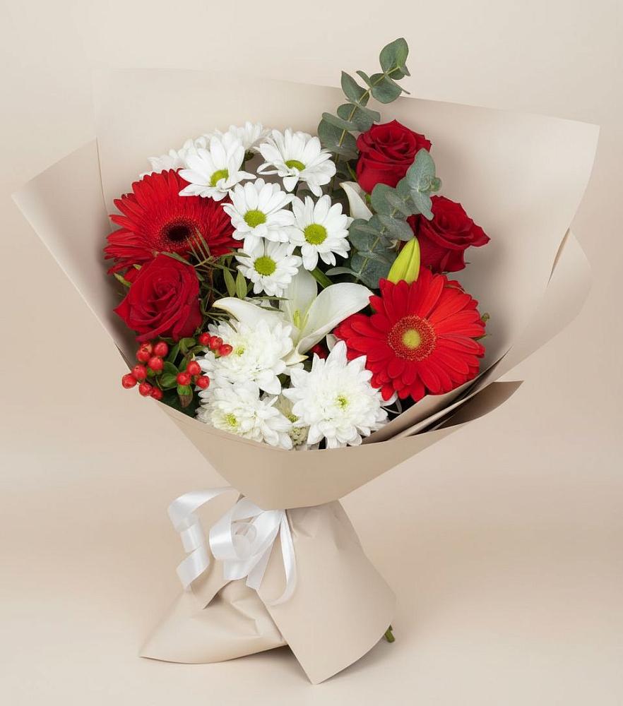 Букет цветов из: Розы, Хризантемы, Герберы и Лилии в Балково