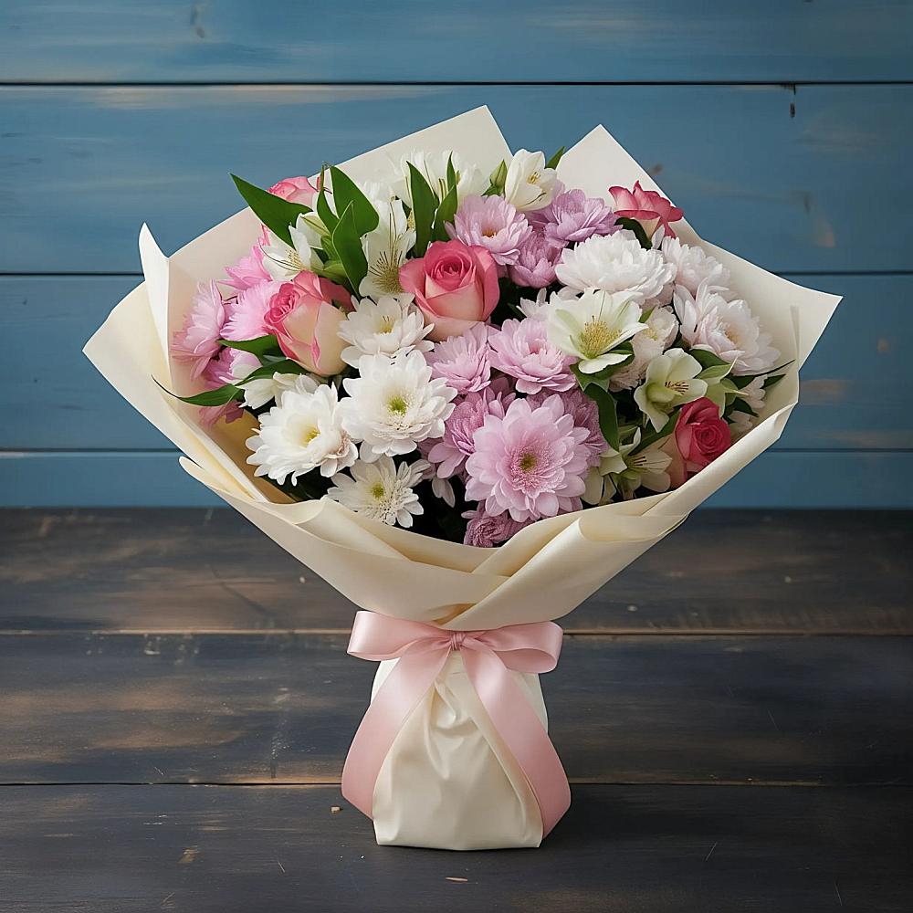 Букет цветов из: Хризантемы, Альстромерии и Розы в Балково